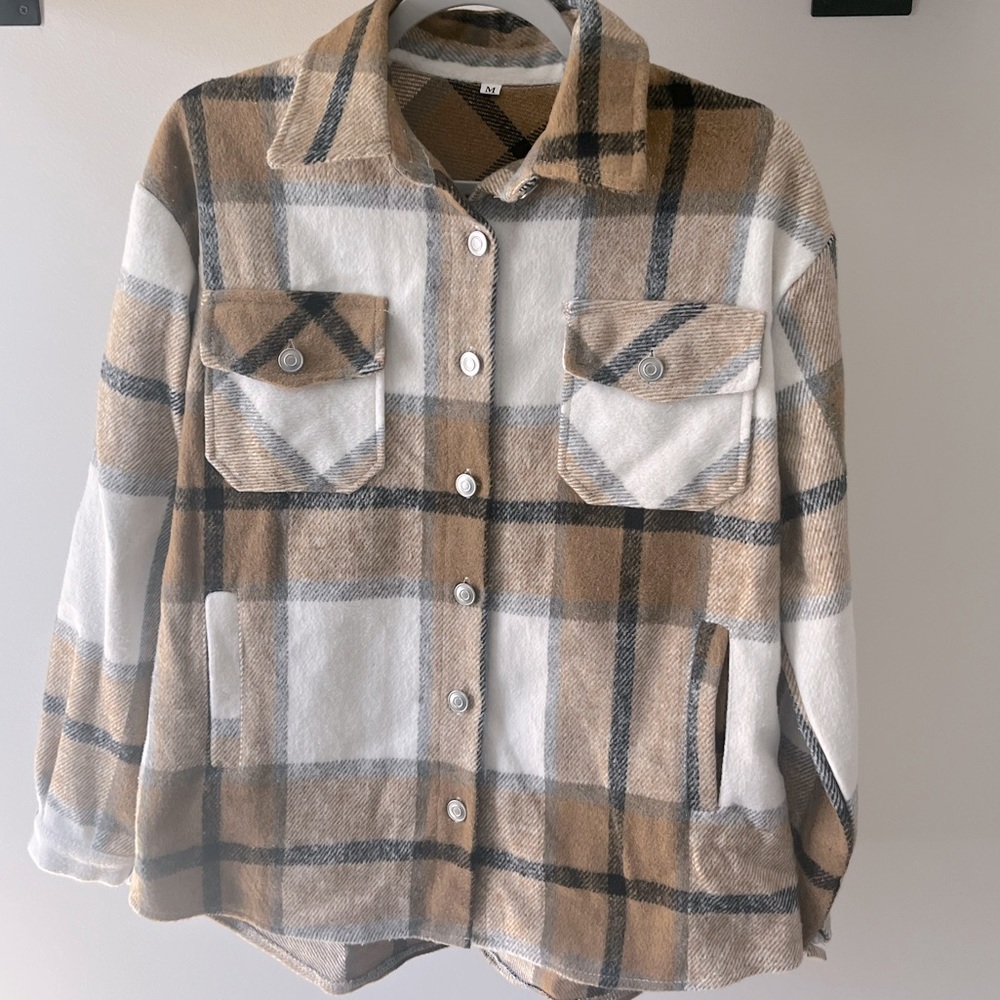 Dry Goods USA Plaid Flannel Shacket- Colors Caramel, Cream and Black